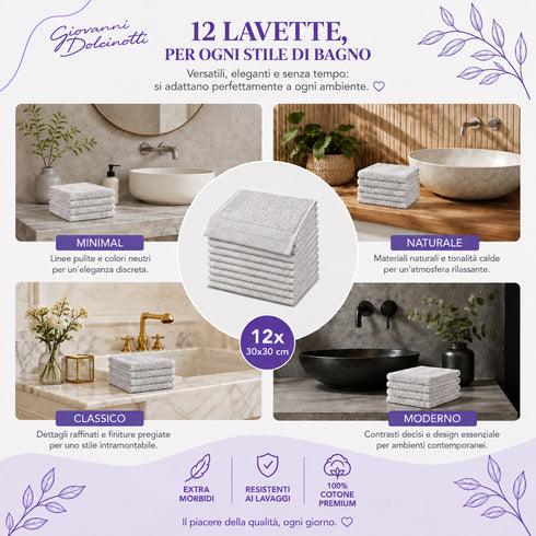 Set 12 Asciugamani Lavette Premium 30x30 cm 100% Cotone - per Viso, Mani, Ospiti e SPA