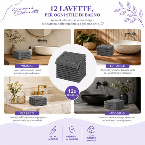Set 12 Asciugamani Lavette Premium 30x30 cm 100% Cotone - per Viso, Mani, Ospiti e SPA
