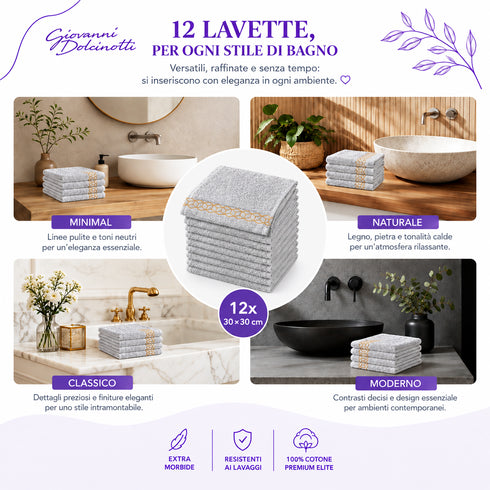 Set 12 Asciugamani Lavette Premium Elite 30x30 cm 100% Cotone - con Bordura Jacquard - per Viso, Mani, Ospiti e SPA