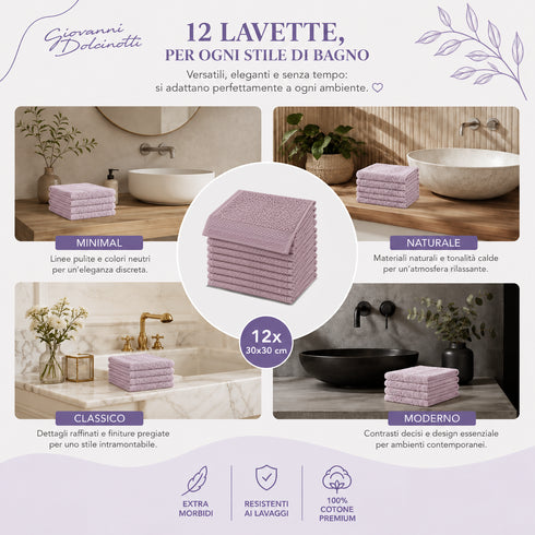 Set 12 Asciugamani Lavette Premium 30x30 cm 100% Cotone - per Viso, Mani, Ospiti e SPA