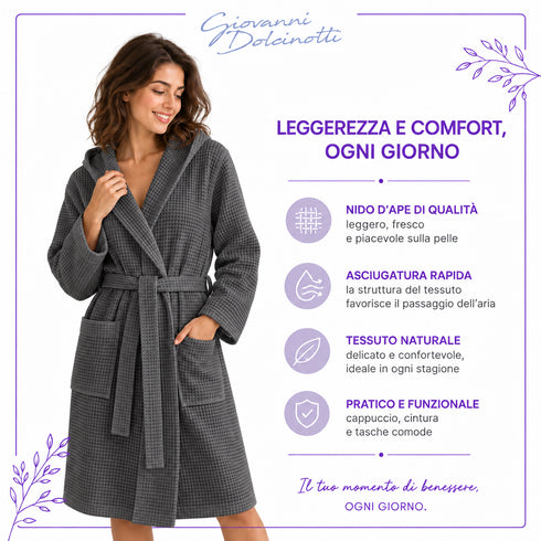 Accappatoio Uomo e Donna Nido d’Ape 100% Cotone - con Cappuccio, Cintura e Tasche - per Casa, SPA, Palestra e Viaggio