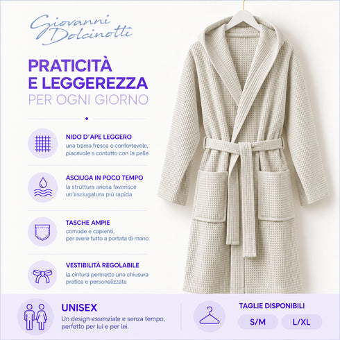 Accappatoio Uomo e Donna Nido d’Ape 100% Cotone - con Cappuccio, Cintura e Tasche - per Casa, SPA, Palestra e Viaggio