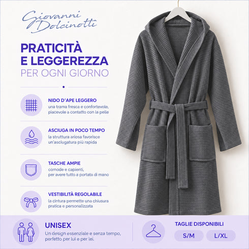 Accappatoio Uomo e Donna Nido d’Ape 100% Cotone - con Cappuccio, Cintura e Tasche - per Casa, SPA, Palestra e Viaggio