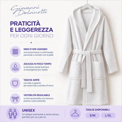 Accappatoio Uomo e Donna Nido d’Ape 100% Cotone - con Cappuccio, Cintura e Tasche - per Casa, SPA, Palestra e Viaggio