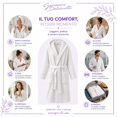 Accappatoio Uomo e Donna Nido d’Ape 100% Cotone - con Cappuccio, Cintura e Tasche - per Casa, SPA, Palestra e Viaggio