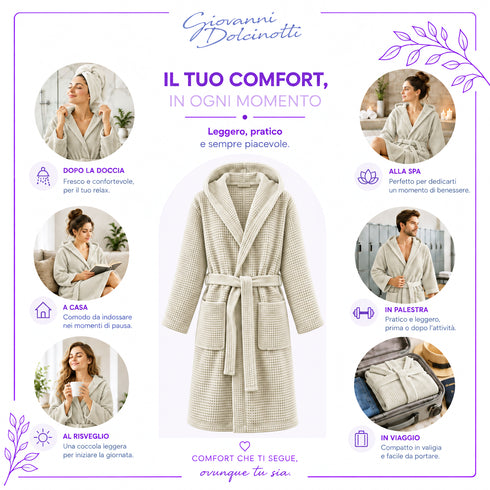 Accappatoio Uomo e Donna Nido d’Ape 100% Cotone - con Cappuccio, Cintura e Tasche - per Casa, SPA, Palestra e Viaggio