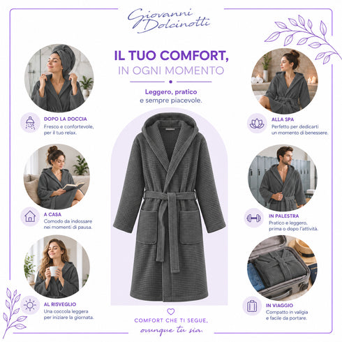 Accappatoio Uomo e Donna Nido d’Ape 100% Cotone - con Cappuccio, Cintura e Tasche - per Casa, SPA, Palestra e Viaggio