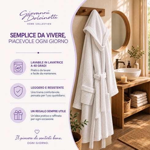 Accappatoio Uomo e Donna Nido d’Ape 100% Cotone - con Cappuccio, Cintura e Tasche - per Casa, SPA, Palestra e Viaggio