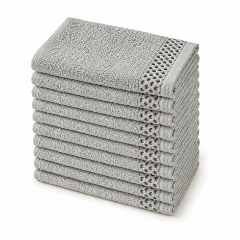 Set 10 Guanti Bagno 14x20 cm - 60% Bamboo e 40% Cotone - con Bordura Decorativa - per Detersione Viso, Corpo e Skincare