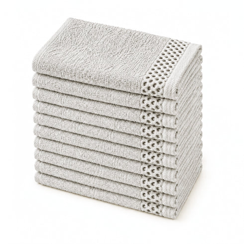 Set 10 Guanti Bagno 14x20 cm - 60% Bamboo e 40% Cotone - con Bordura Decorativa - per Detersione Viso, Corpo e Skincare