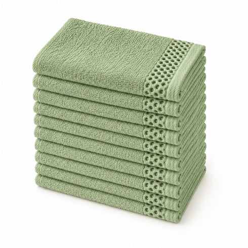 Set 10 Guanti Bagno 14x20 cm - 60% Bamboo e 40% Cotone - con Bordura Decorativa - per Detersione Viso, Corpo e Skincare
