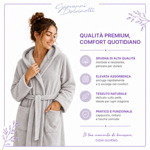 Accappatoio Uomo e Donna Smart 100% Cotone in Spugna - con Cappuccio, Cintura e Tasche - per Casa, SPA e Palestra
