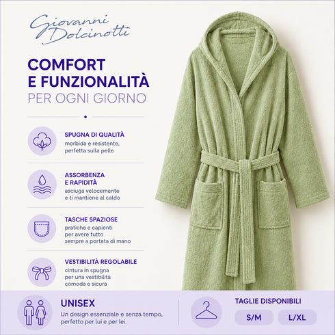 Accappatoio Uomo e Donna Smart 100% Cotone in Spugna - con Cappuccio, Cintura e Tasche - per Casa, SPA e Palestra