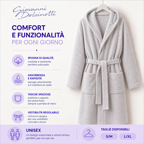 Accappatoio Uomo e Donna Smart 100% Cotone in Spugna - con Cappuccio, Cintura e Tasche - per Casa, SPA e Palestra