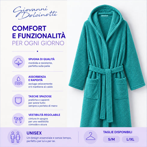Accappatoio Uomo e Donna Smart 100% Cotone in Spugna - con Cappuccio, Cintura e Tasche - per Casa, SPA e Palestra