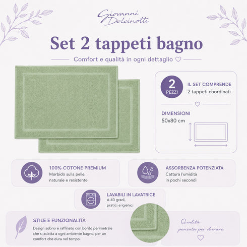 Set 2 Tappeti Bagno Premium 50x80 cm 100% Cotone - con Bordo Perimetrale - per Doccia, Vasca e Lavabo