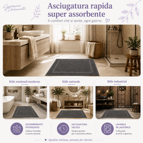 Set 2 Tappeti Bagno Premium 50x80 cm 100% Cotone - con Bordo Perimetrale - per Doccia, Vasca e Lavabo