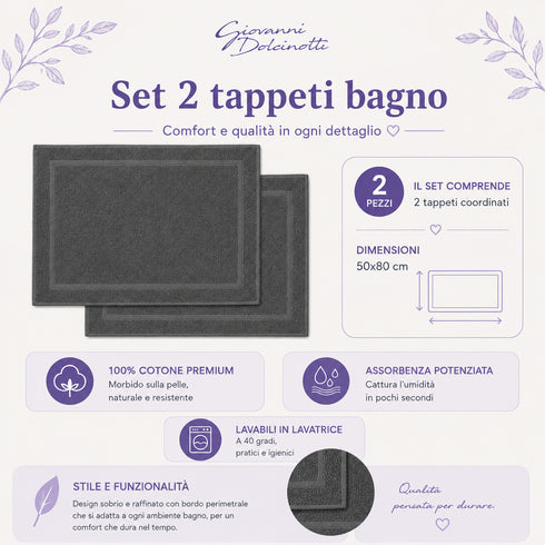 Set 2 Tappeti Bagno Premium 50x80 cm 100% Cotone - con Bordo Perimetrale - per Doccia, Vasca e Lavabo