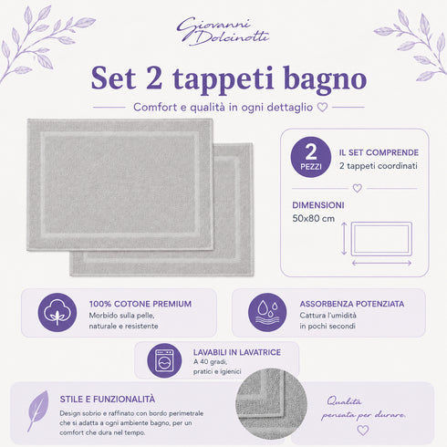 Set 2 Tappeti Bagno Premium 50x80 cm 100% Cotone - con Bordo Perimetrale - per Doccia, Vasca e Lavabo