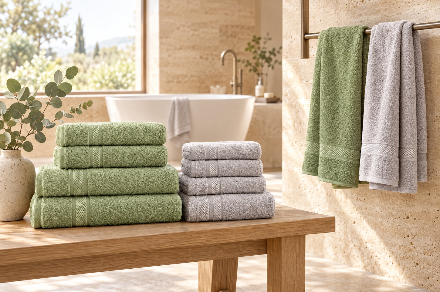 Asciugamani in spugna color bamboo e silver in un bagno elegante